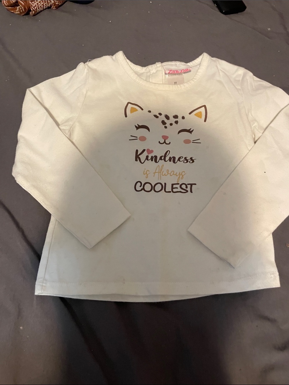 Little Lass White Long-Sleeve Tee with Cat Face and 'Kindness' Script